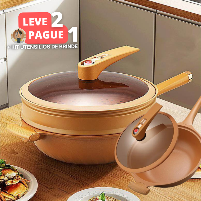 [Leve 2 e Pague 1] Frigideira Wok de Cerâmica Multifuncional 8 em 1 – Ultra resistente contra Explosões! + BRINDE Exclusivo: Kit de Utensílios